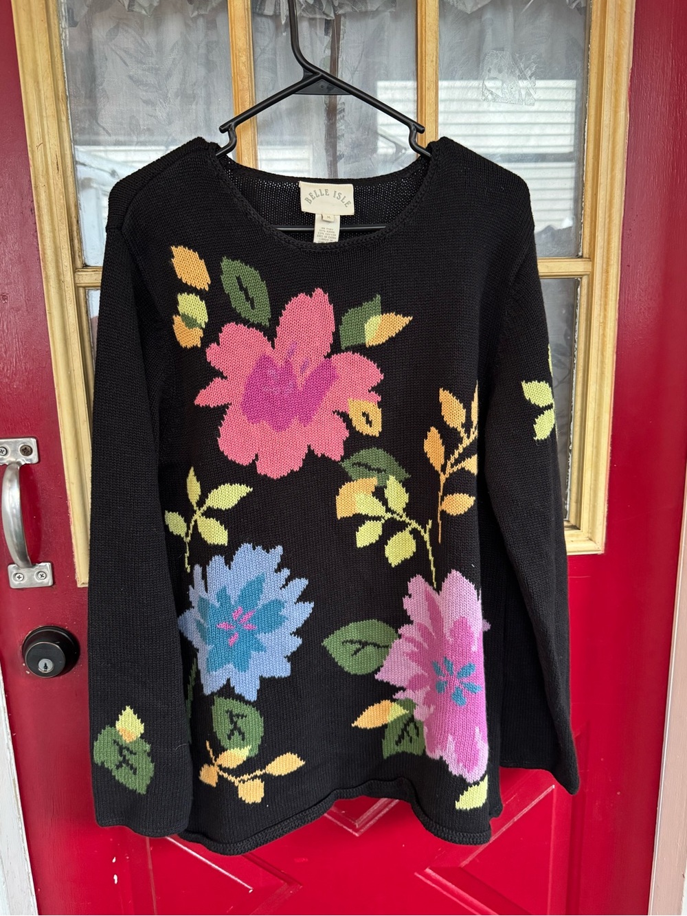Belle Isle brand vintage black knit sweater vibrant floral design size medium